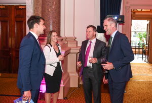 Minister Chambers chats to Mary O'Connor CEO Federation of Irish Sport, Senator Byrne and Senator Cassells