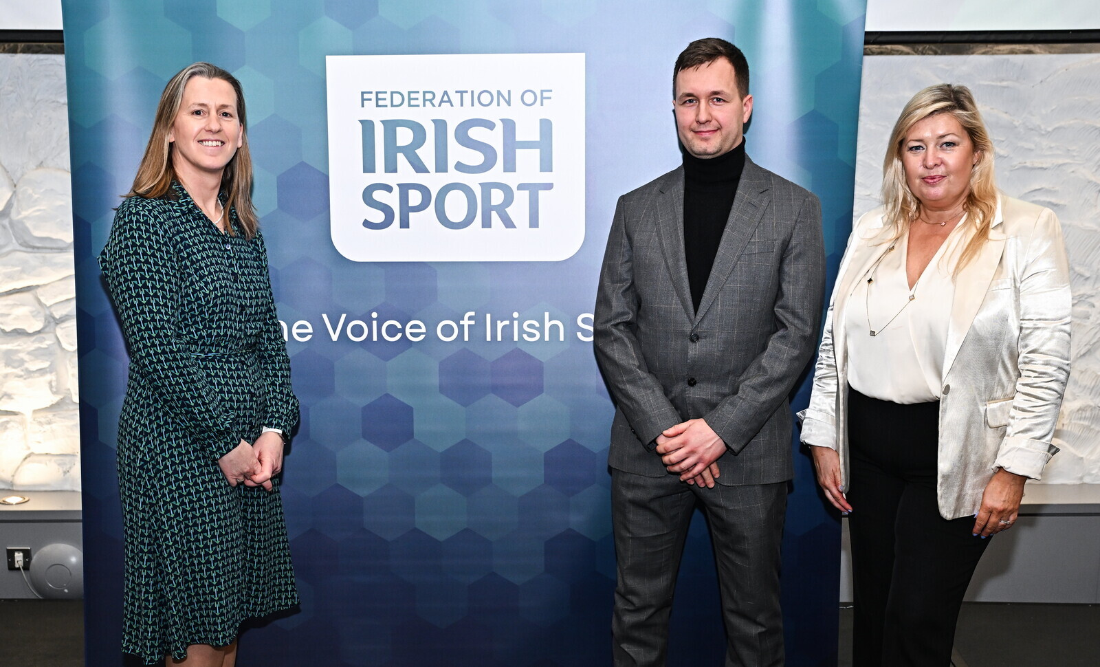 27 January 2026; In attendance during the Federation of Irish Sport Annual Leaders Forum 2026 are from left, Federation of Irish Sport Chief Executive Mary O'Connor, MWX Media Owner and Managing Director Mariusz Pawlikowski and Federation of Irish Sport Head of Commercial and Marketing Clare Louise O'Donoghue